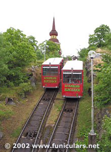 Two cars meeting on a passing track. Funicular at Skansen.